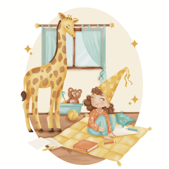 illustration enfantine petite fille déguisée et girafe qui jouent