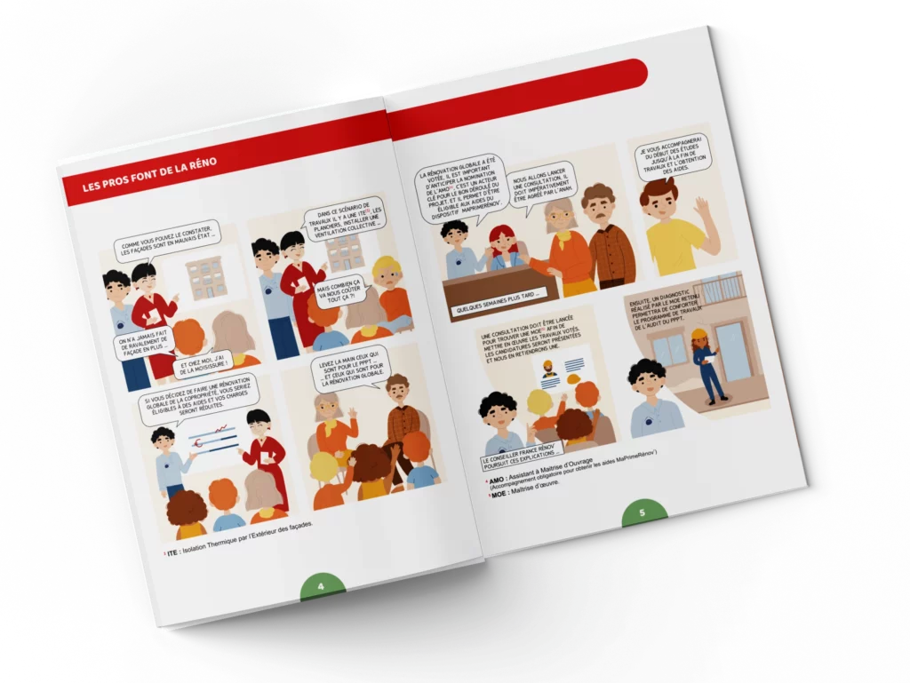 Mise en page graphique professionnelle d'une bande dessinée sur la rénovation énergétique