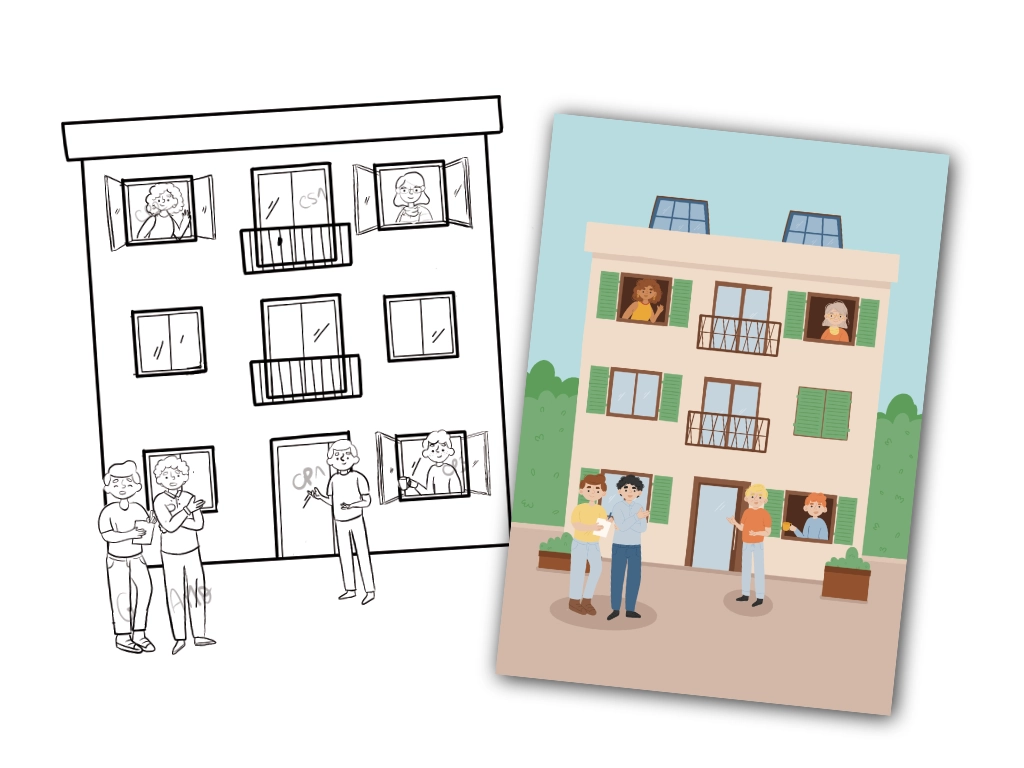 Croquis bande dessinée immeuble en coproriété