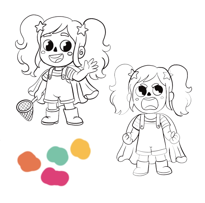 croquis d'illustration jeunesse en noir et blanc d'une petite fille expressive