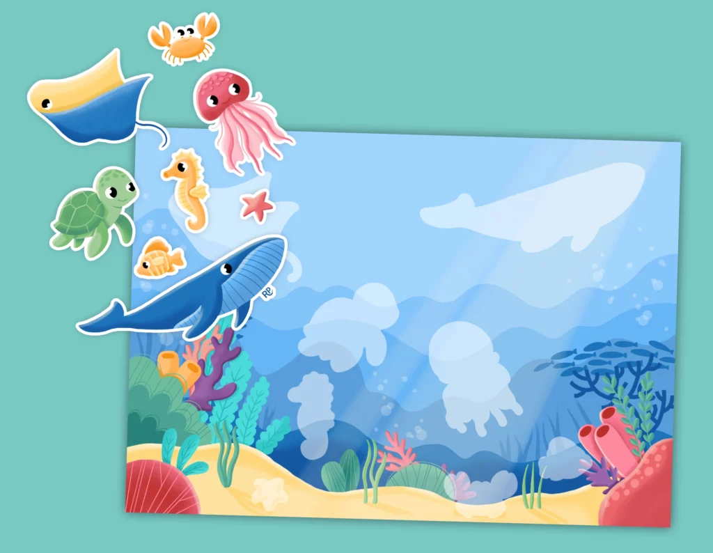 planche de stickets animaux marins